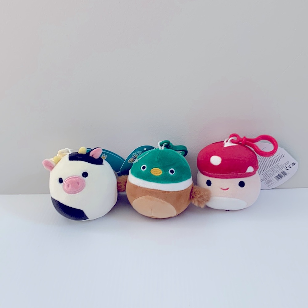 Malcom Mushroom, Connor Cow and Avery Duck Clips Squishmallow Bundle